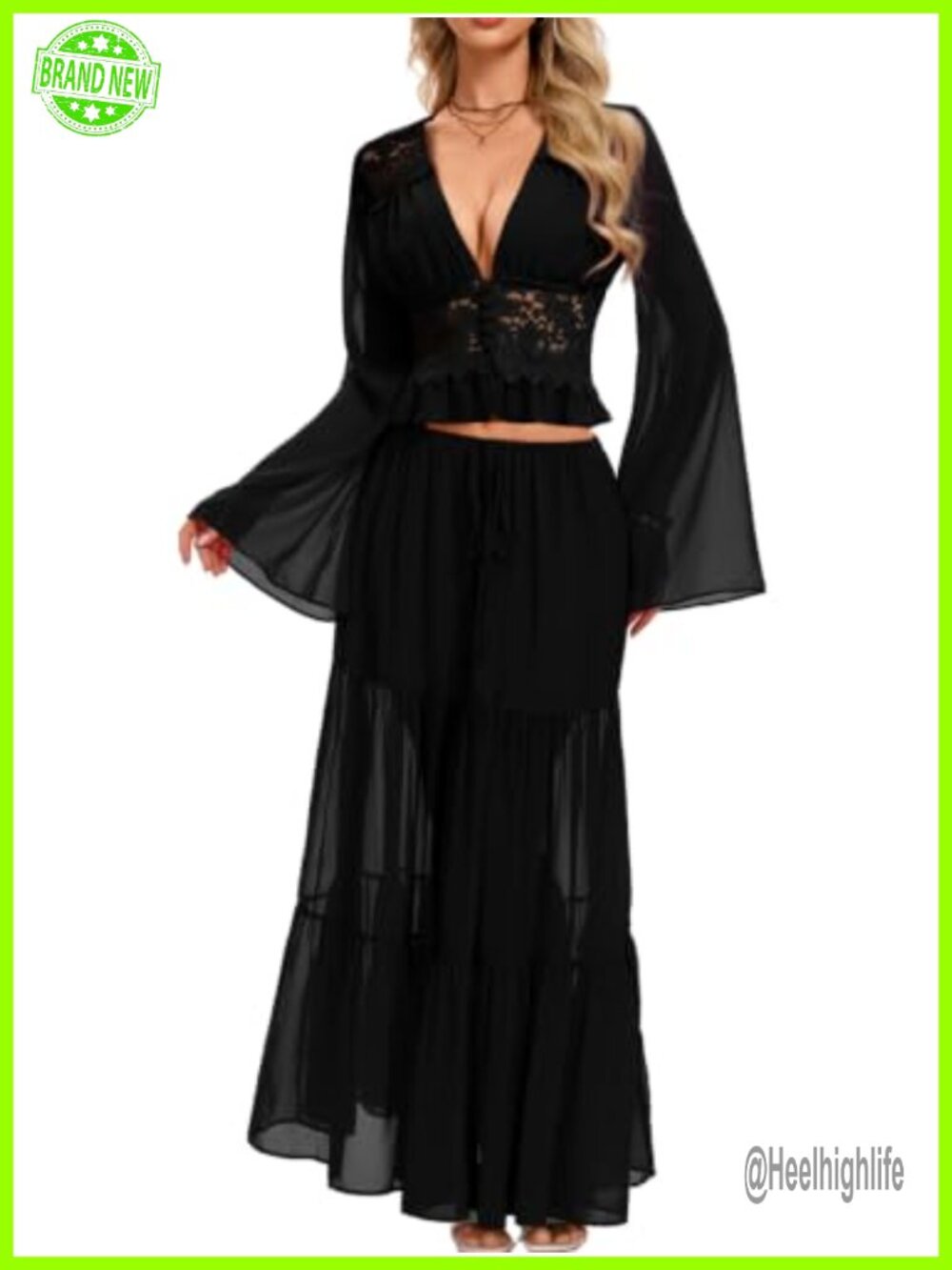 Boho Lace Trim Two Piece Maxi Skirt Set Deep V Bell Sleeve Ruffle A Line